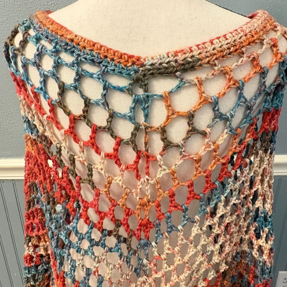 Handmade Crochet Poncho with Fringe | Boho Multicolor Poncho | One of a Kind - Picture 7 of 16